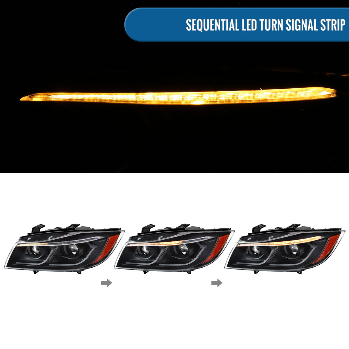 Ronnin - Fits 2006-2011 BMW 3-Series 325i 328i 330i E90 Sedan E91 Wagon Upgraded Replacement Dual Projector Halogen Headlights LED Sequential Turn Signals + Animated Startup Pair | Black