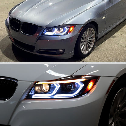Ronnin - Fits 2006-2011 BMW 3-Series 325i 328i 330i E90 Sedan E91 Wagon Upgraded Replacement Dual Projector Halogen Headlights LED Sequential Turn Signals + Animated Startup Pair | Black