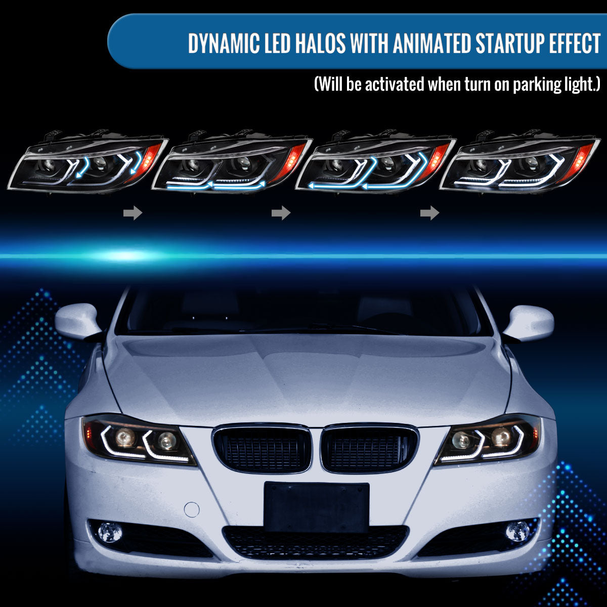 Ronnin - Fits 2006-2011 BMW 3-Series 325i 328i 330i E90 Sedan E91 Wagon Upgraded Replacement Dual Projector Halogen Headlights LED Sequential Turn Signals + Animated Startup Pair | Black