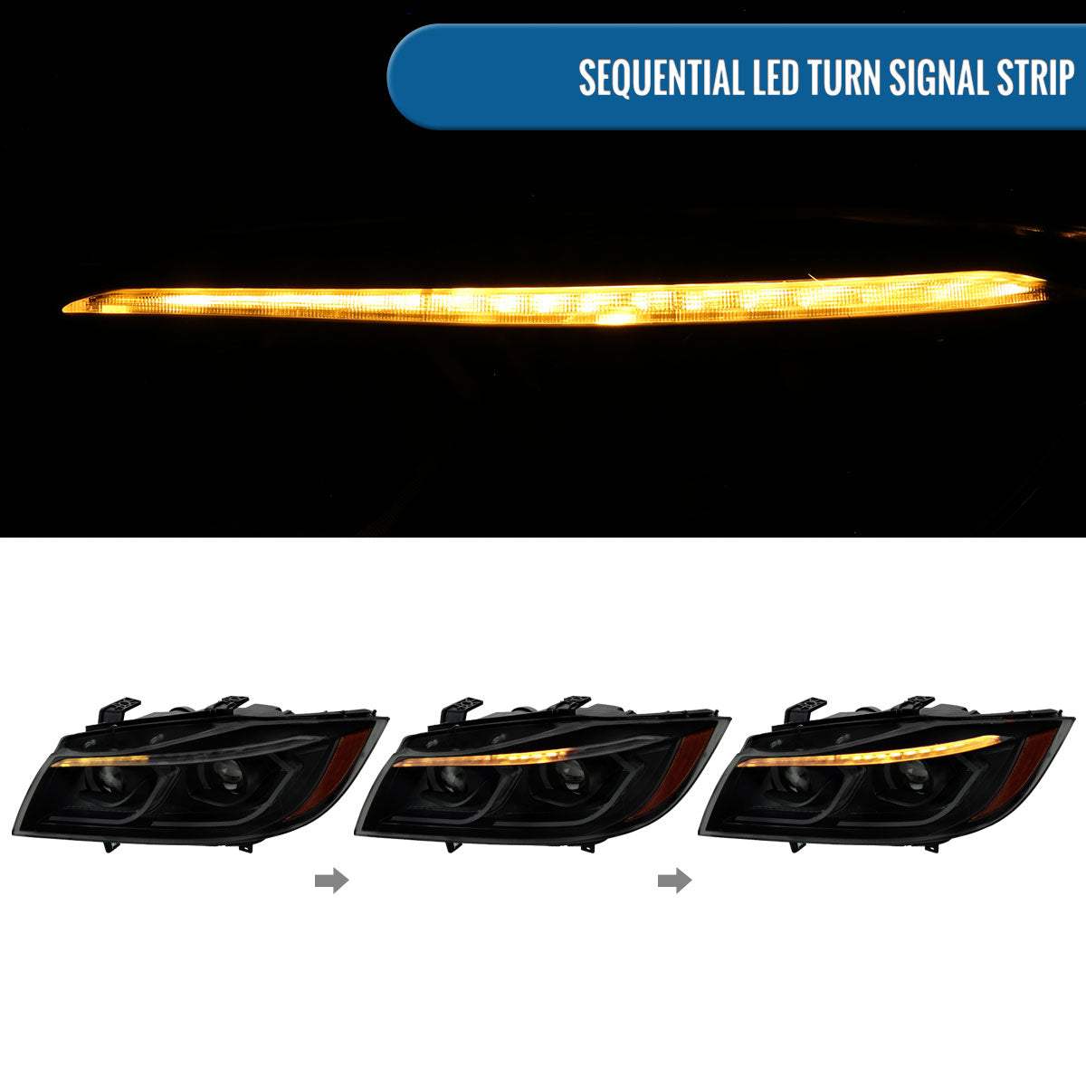 Ronnin - Fits 2006-2011 BMW 3-Series 325i 328i 330i E90 E91 Upgraded Dual Projector Halogen Headlights LED Sequential Turn Signals + Animated Startup Pair | Black Smoke