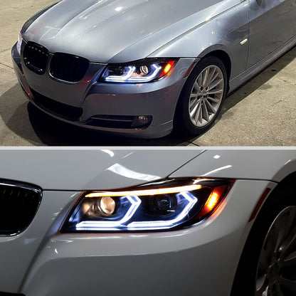 Ronnin - Fits 2006-2011 BMW 3-Series 325i 328i 330i E90 E91 Upgraded Dual Projector Halogen Headlights LED Sequential Turn Signals + Animated Startup Pair | Black Smoke