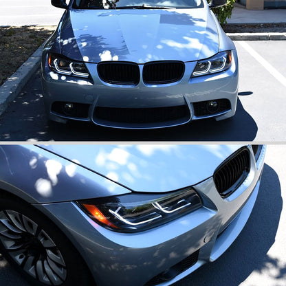 Ronnin - Fits 2006-2011 BMW 3-Series 325i 328i 330i E90 E91 Upgraded Dual Projector Halogen Headlights LED Sequential Turn Signals + Animated Startup Pair | Black Smoke