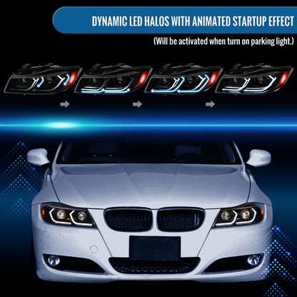 Ronnin - Fits 2006-2011 BMW 3-Series 325i 328i 330i E90 E91 Upgraded Dual Projector Halogen Headlights LED Sequential Turn Signals + Animated Startup Pair | Black Smoke