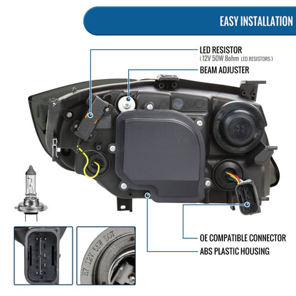 Ronnin - Fits 2006-2011 BMW 3-Series 325i 328i 330i E90 E91 Upgraded Dual Projector Halogen Headlights LED Sequential Turn Signals + Animated Startup Pair | Black Smoke