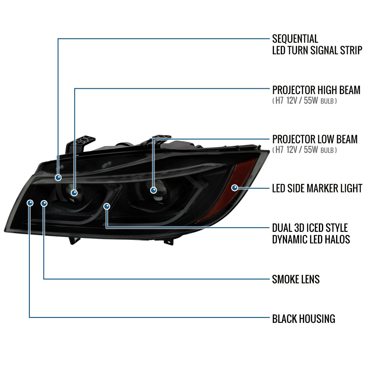 Ronnin - Fits 2006-2011 BMW 3-Series 325i 328i 330i E90 E91 Upgraded Dual Projector Halogen Headlights LED Sequential Turn Signals + Animated Startup Pair | Black Smoke