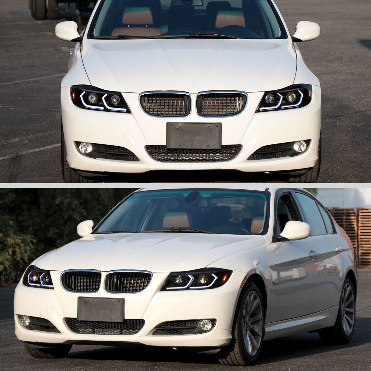 Ronnin - Fits 2006-2011 BMW 3-Series 325i 328i 330i E90 E91 Upgraded Dual Projector Halogen Headlights LED Sequential Turn Signals + Animated Startup Pair | Black Smoke