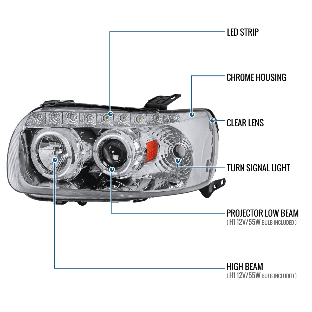 Ronnin - Compatible con Ford Escape 2005-2007, juego de faros proyectores LED de doble halo y reemplazo de ensamblaje | Cromo