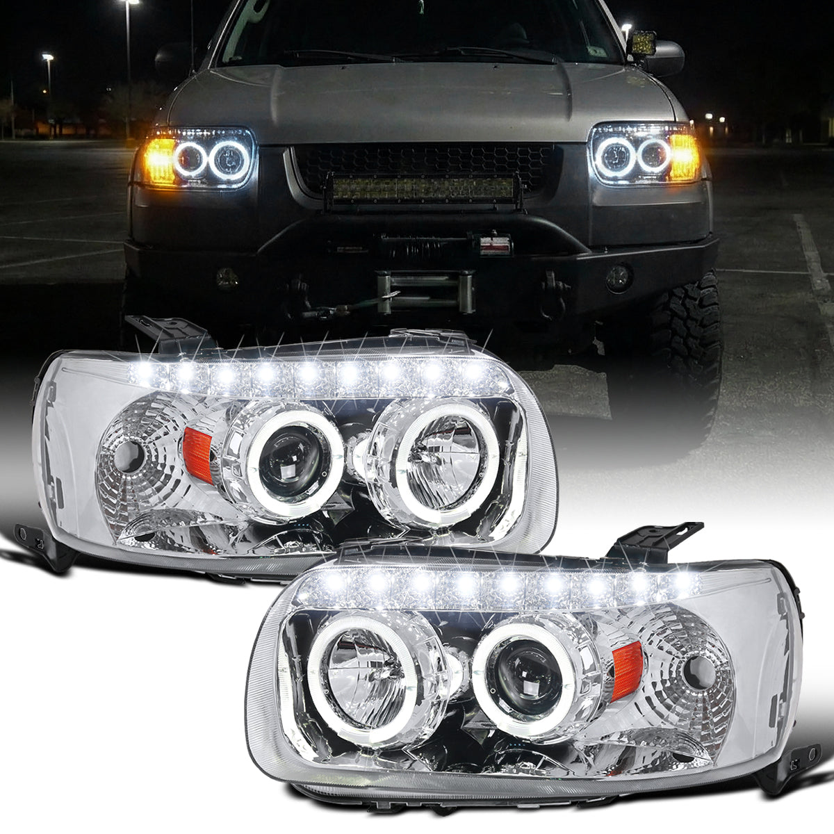 Ronnin - Compatible con Ford Escape 2005-2007, juego de faros proyectores LED de doble halo y reemplazo de ensamblaje | Cromo