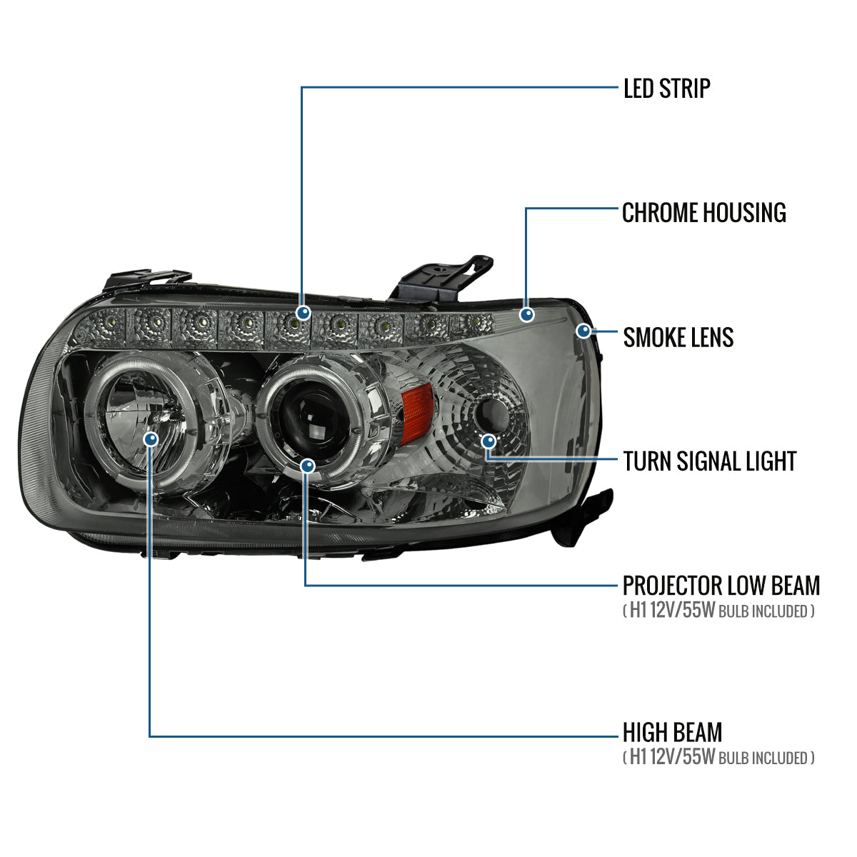 Ronnin - Fits 2005-2007 Ford Escape LED Dual Halo Rims Projector Headlights Assembly Replacement Pair | Smoke