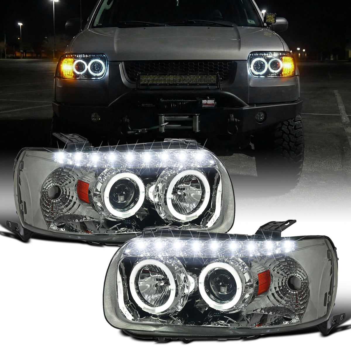 Ronnin - Fits 2005-2007 Ford Escape LED Dual Halo Rims Projector Headlights Assembly Replacement Pair | Smoke