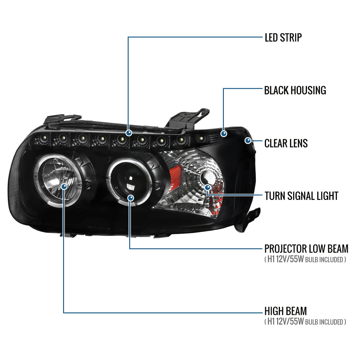 Ronnin - Fits 2005-2007 Ford Escape LED Dual Halo Rims Projector Headlights Assembly Replacement Pair | Black