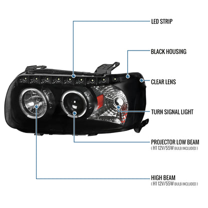 Ronnin - Fits 2005-2007 Ford Escape LED Dual Halo Rims Projector Headlights Assembly Replacement Pair | Black