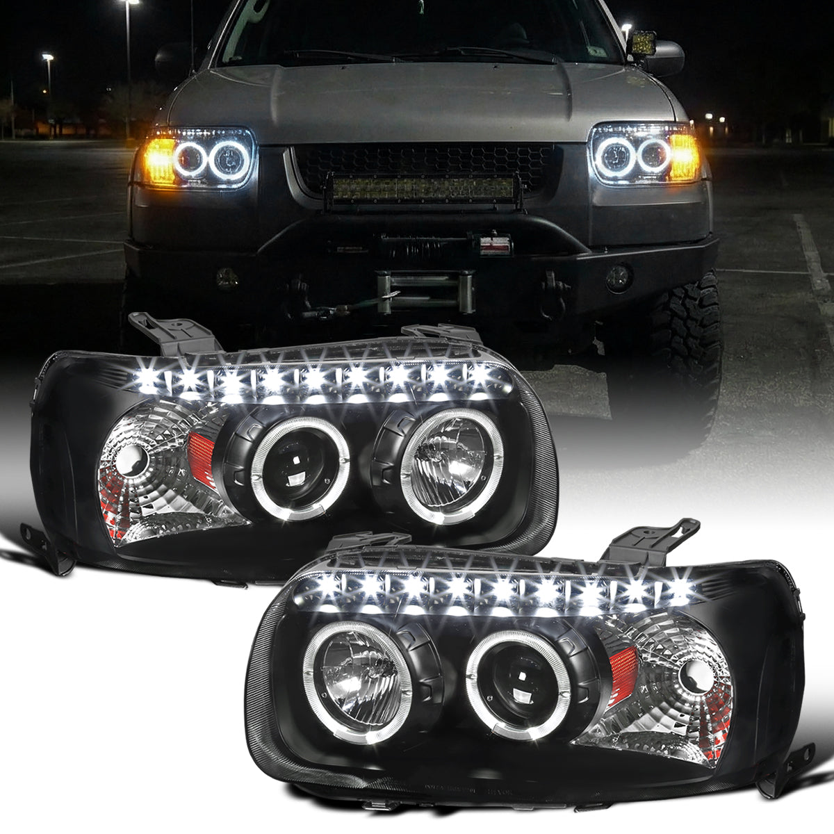 Ronnin - Fits 2005-2007 Ford Escape LED Dual Halo Rims Projector Headlights Assembly Replacement Pair | Black