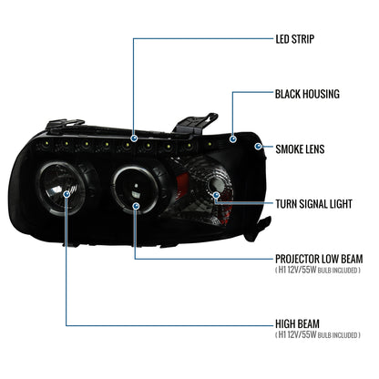 Ronnin - Fits 2005-2007 Ford Escape LED Dual Halo Rims Projector Headlights Assembly Replacement Pair | Black Smoke