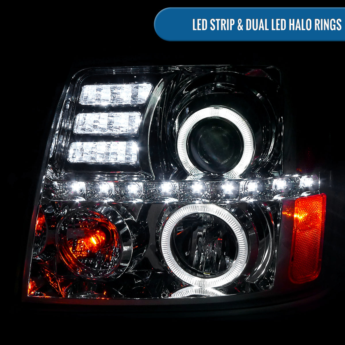 Ronnin - Fits 2002-2006 Cadillac Escalade Upgraded Replacement LED Dual Angel Eyes Halogen Projector Headlights Assembly Pair | Chrome