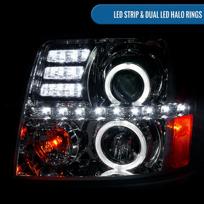 Ronnin - Fits 2002-2006 Cadillac Escalade Upgraded Replacement LED Dual Angel Eyes Halogen Projector Headlights Assembly Pair | Chrome