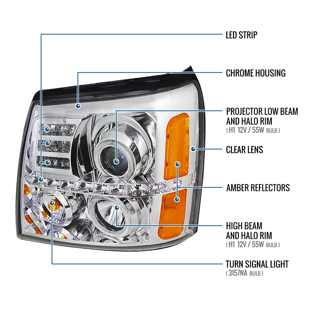 Ronnin - Fits 2002-2006 Cadillac Escalade Upgraded Replacement LED Dual Angel Eyes Halogen Projector Headlights Assembly Pair | Chrome