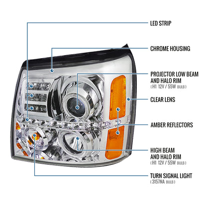 Ronnin - Fits 2002-2006 Cadillac Escalade Upgraded Replacement LED Dual Angel Eyes Halogen Projector Headlights Assembly Pair | Chrome