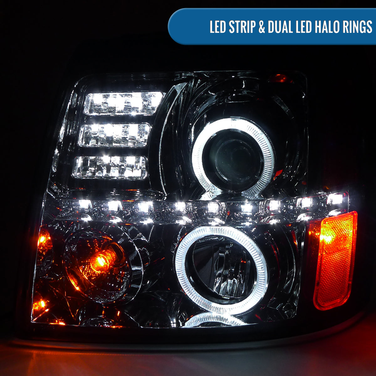 Ronnin - Fits 2002-2006 Cadillac Escalade Upgraded Replacement LED Dual Angel Eyes Halogen Projector Headlights Assembly Pair | Smoke