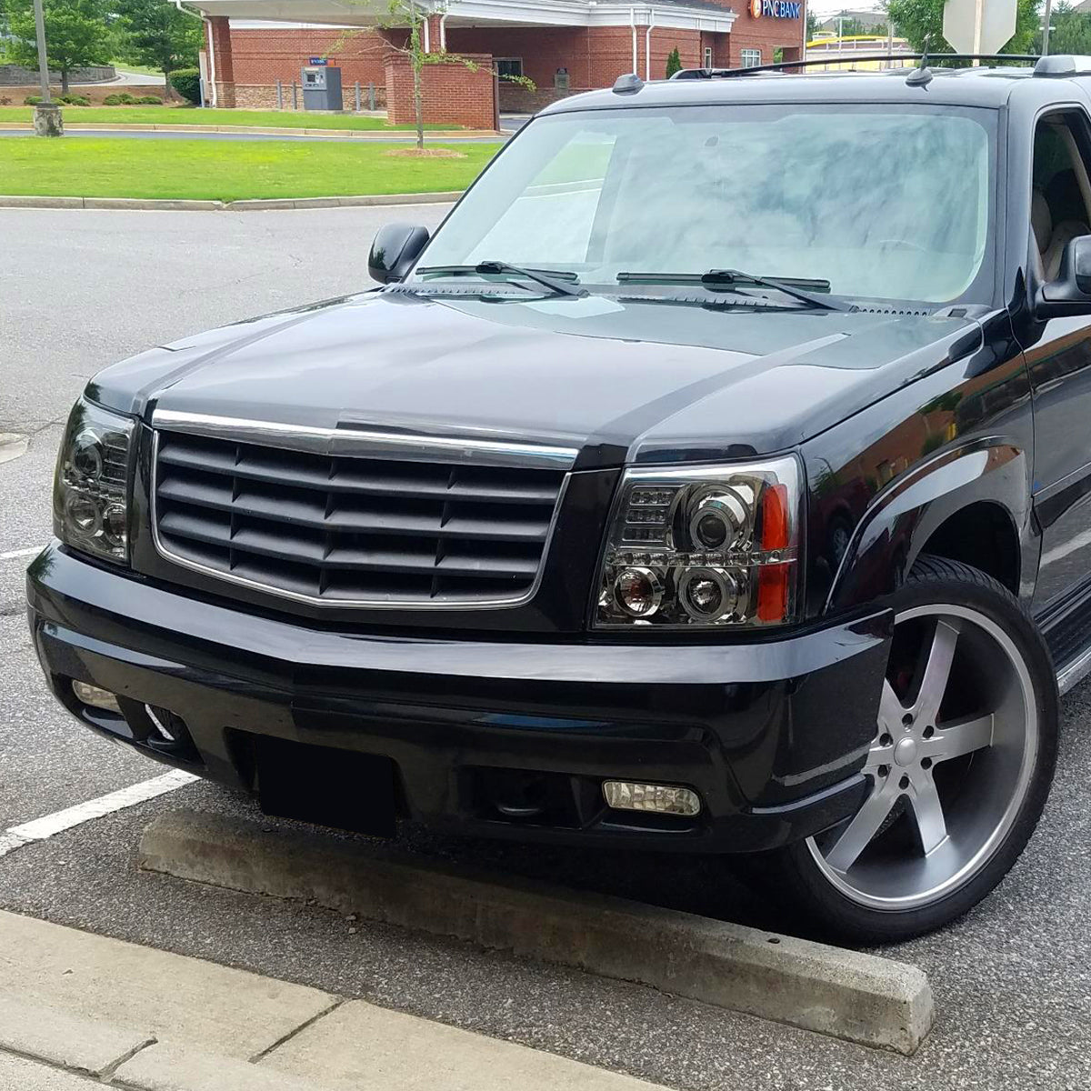 Ronnin - Fits 2002-2006 Cadillac Escalade Upgraded Replacement LED Dual Angel Eyes Halogen Projector Headlights Assembly Pair | Smoke