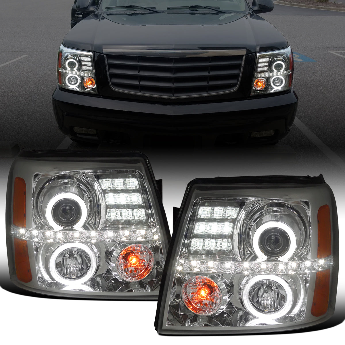 Ronnin - Fits 2002-2006 Cadillac Escalade Upgraded Replacement LED Dual Angel Eyes Halogen Projector Headlights Assembly Pair | Smoke