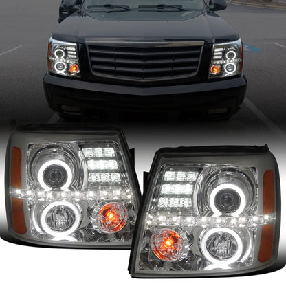 Ronnin - Fits 2002-2006 Cadillac Escalade Upgraded Replacement LED Dual Angel Eyes Halogen Projector Headlights Assembly Pair | Smoke