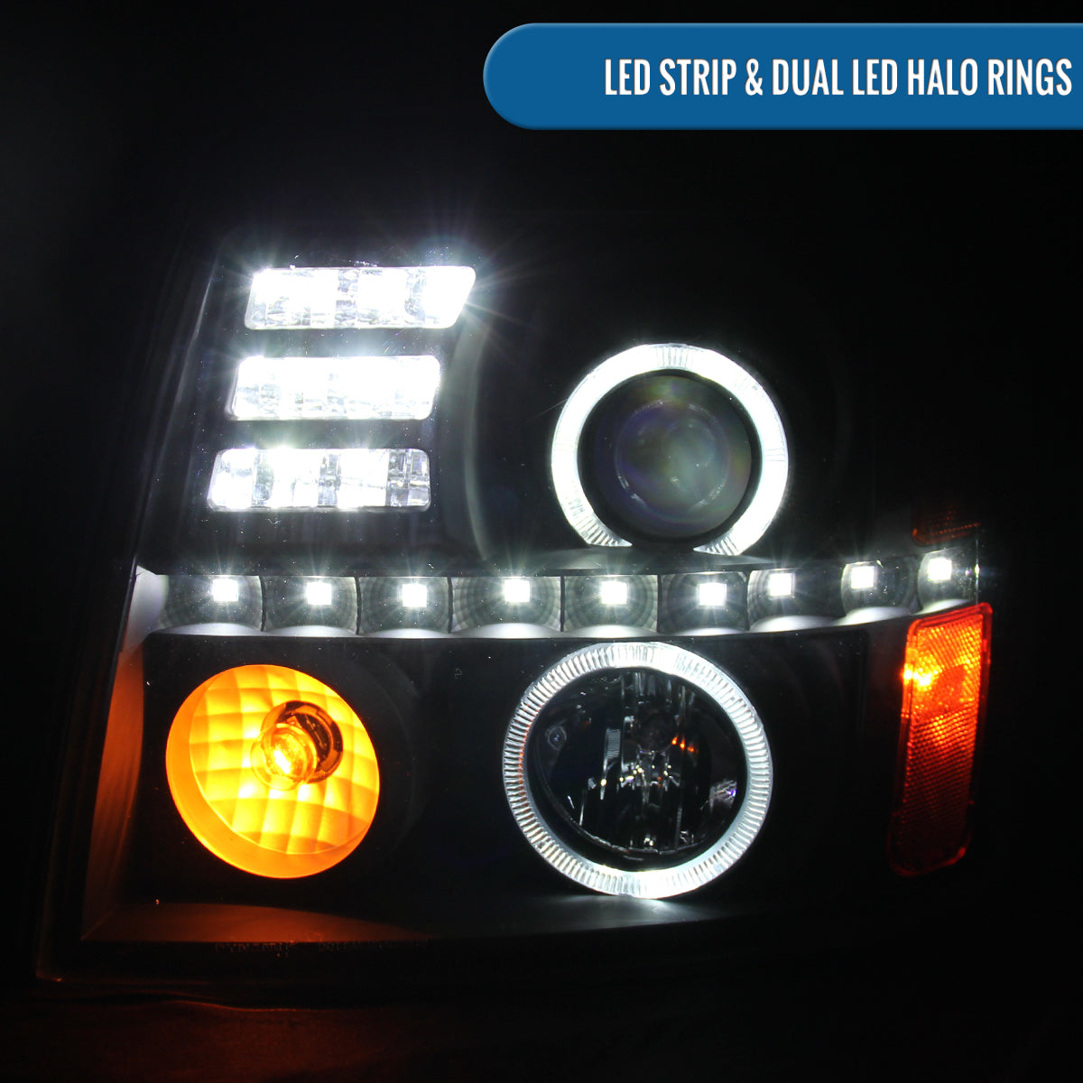 Ronnin - Fits 2002-2006 Cadillac Escalade Upgraded Replacement LED Dual Angel Eyes Halogen Projector Headlights Assembly Pair | Black