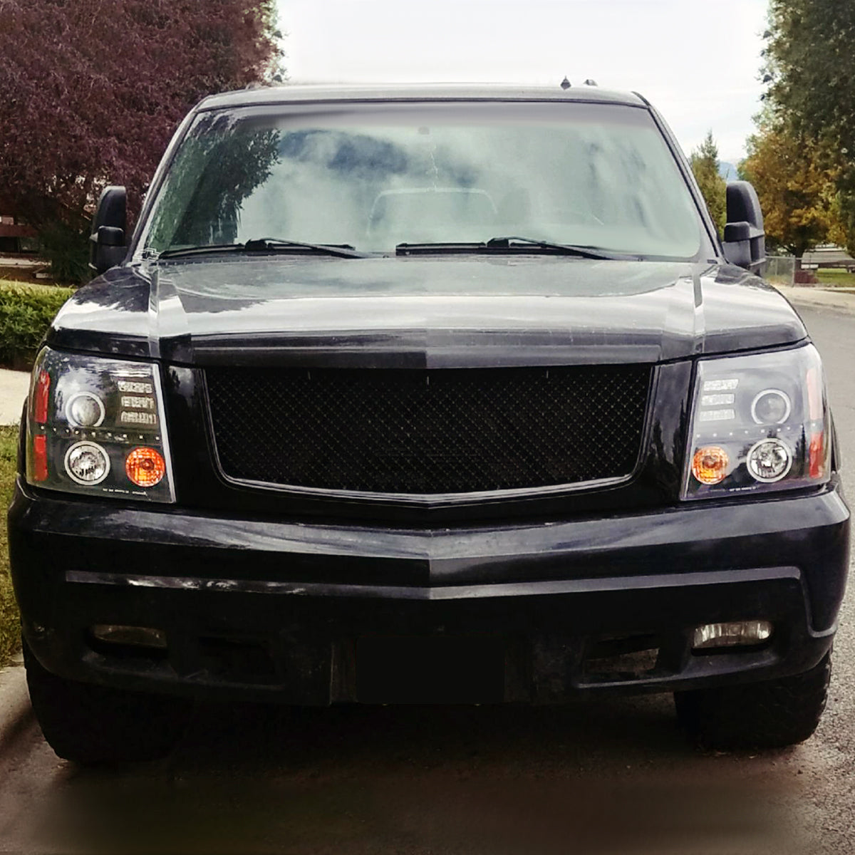 Ronnin - Fits 2002-2006 Cadillac Escalade Upgraded Replacement LED Dual Angel Eyes Halogen Projector Headlights Assembly Pair | Black