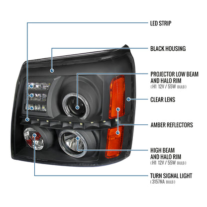 Ronnin - Fits 2002-2006 Cadillac Escalade Upgraded Replacement LED Dual Angel Eyes Halogen Projector Headlights Assembly Pair | Black