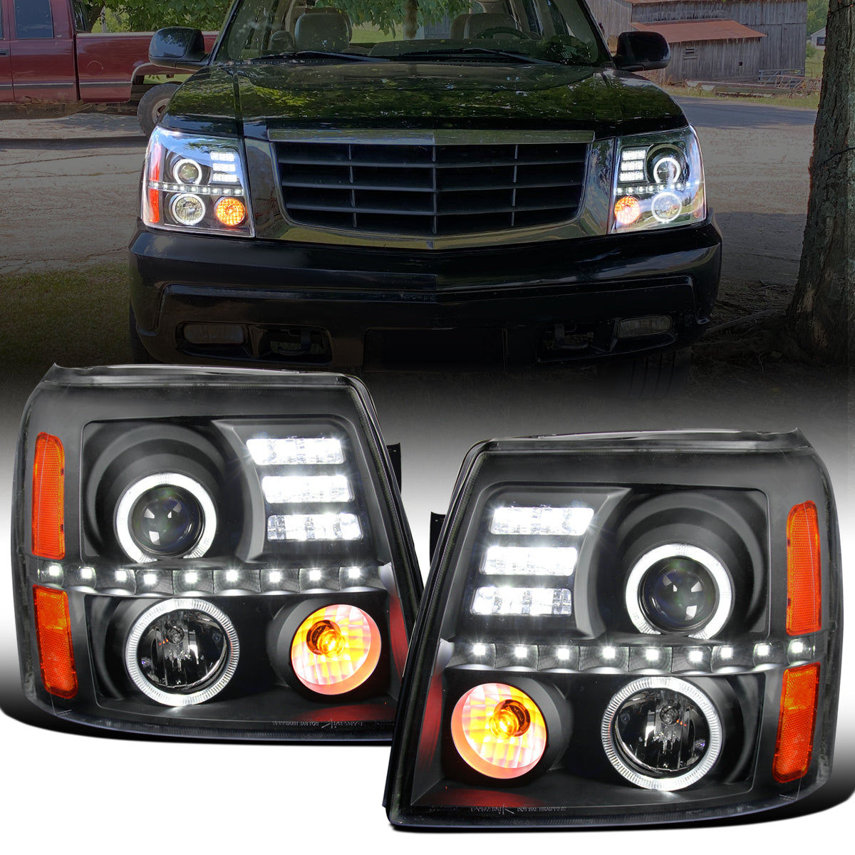 Ronnin - Fits 2002-2006 Cadillac Escalade Upgraded Replacement LED Dual Angel Eyes Halogen Projector Headlights Assembly Pair | Black