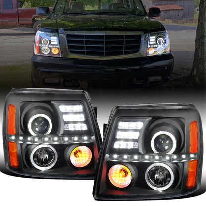 Ronnin - Fits 2002-2006 Cadillac Escalade Upgraded Replacement LED Dual Angel Eyes Halogen Projector Headlights Assembly Pair | Black