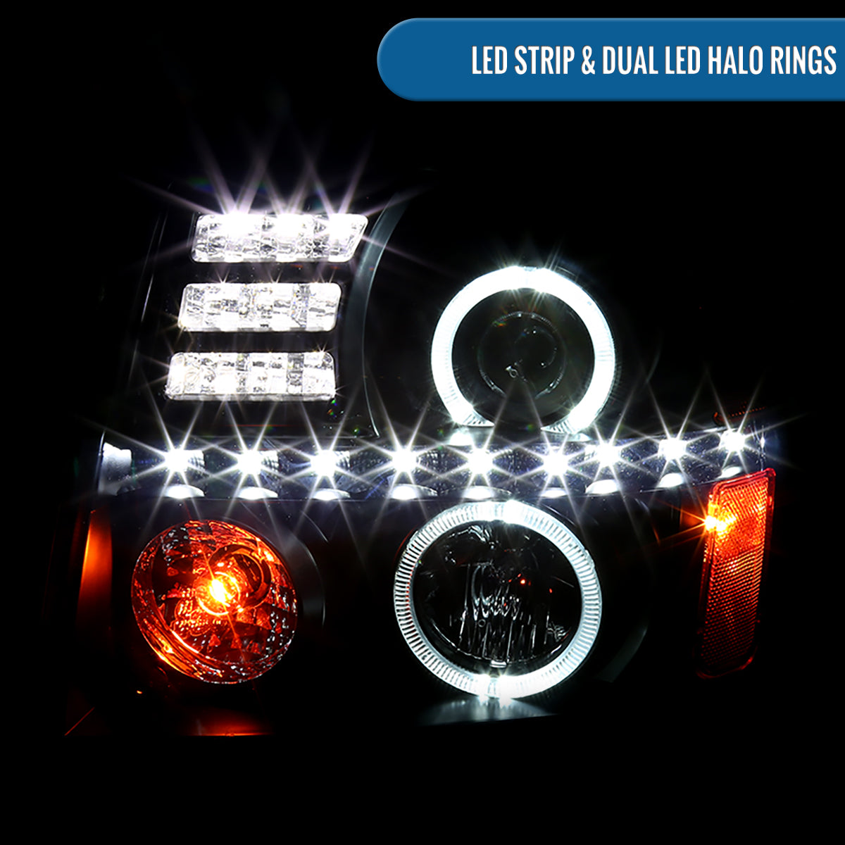 Ronnin - Fits 2002-2006 Cadillac Escalade Upgraded Replacement LED Dual Angel Eyes Halogen Projector Headlights Assembly Pair | Black Smoke