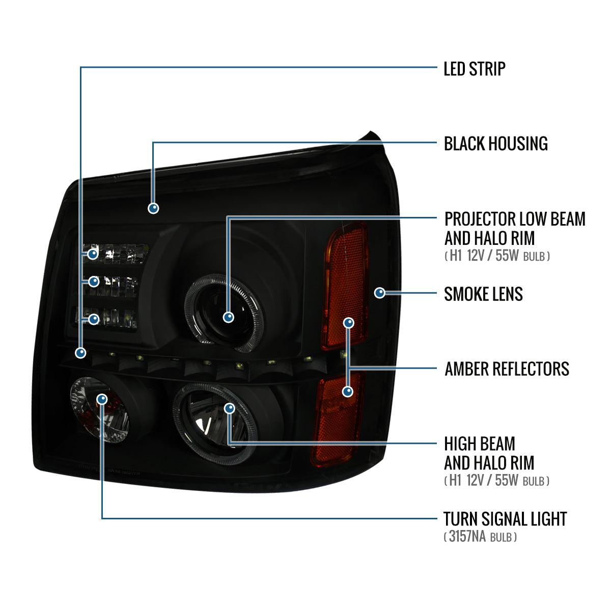 Ronnin - Fits 2002-2006 Cadillac Escalade Upgraded Replacement LED Dual Angel Eyes Halogen Projector Headlights Assembly Pair | Black Smoke