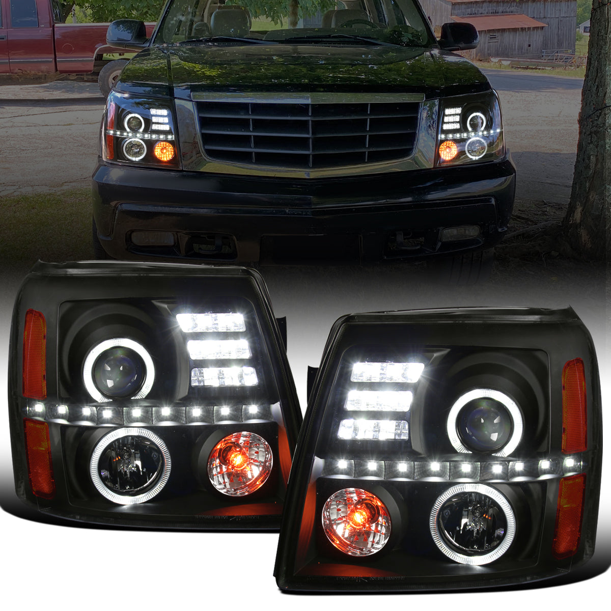 Ronnin - Fits 2002-2006 Cadillac Escalade Upgraded Replacement LED Dual Angel Eyes Halogen Projector Headlights Assembly Pair | Black Smoke