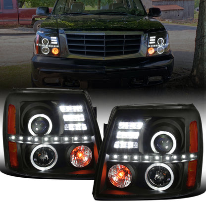 Ronnin - Fits 2002-2006 Cadillac Escalade Upgraded Replacement LED Dual Angel Eyes Halogen Projector Headlights Assembly Pair | Black Smoke