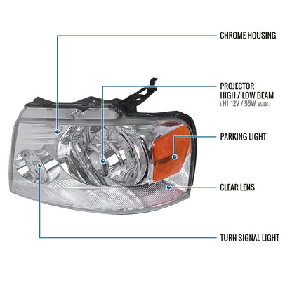 Ronnin - Fits 2004-2008 Ford F150 2006-2008 Lincoln Mark LT Projector Headlights Pair | Chrome