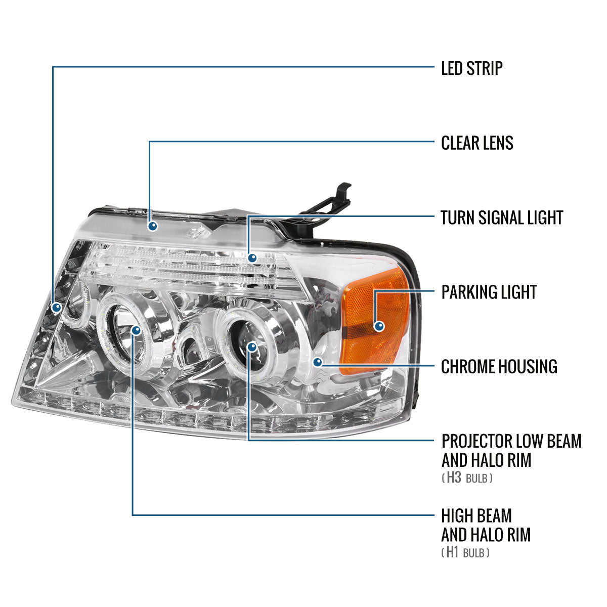 2004-2008 Ford F150 Lincoln Mark LT Pickup Truck LED Running Lights Upgrade Replacement Projector Headlights Assembly Pair | Chrome