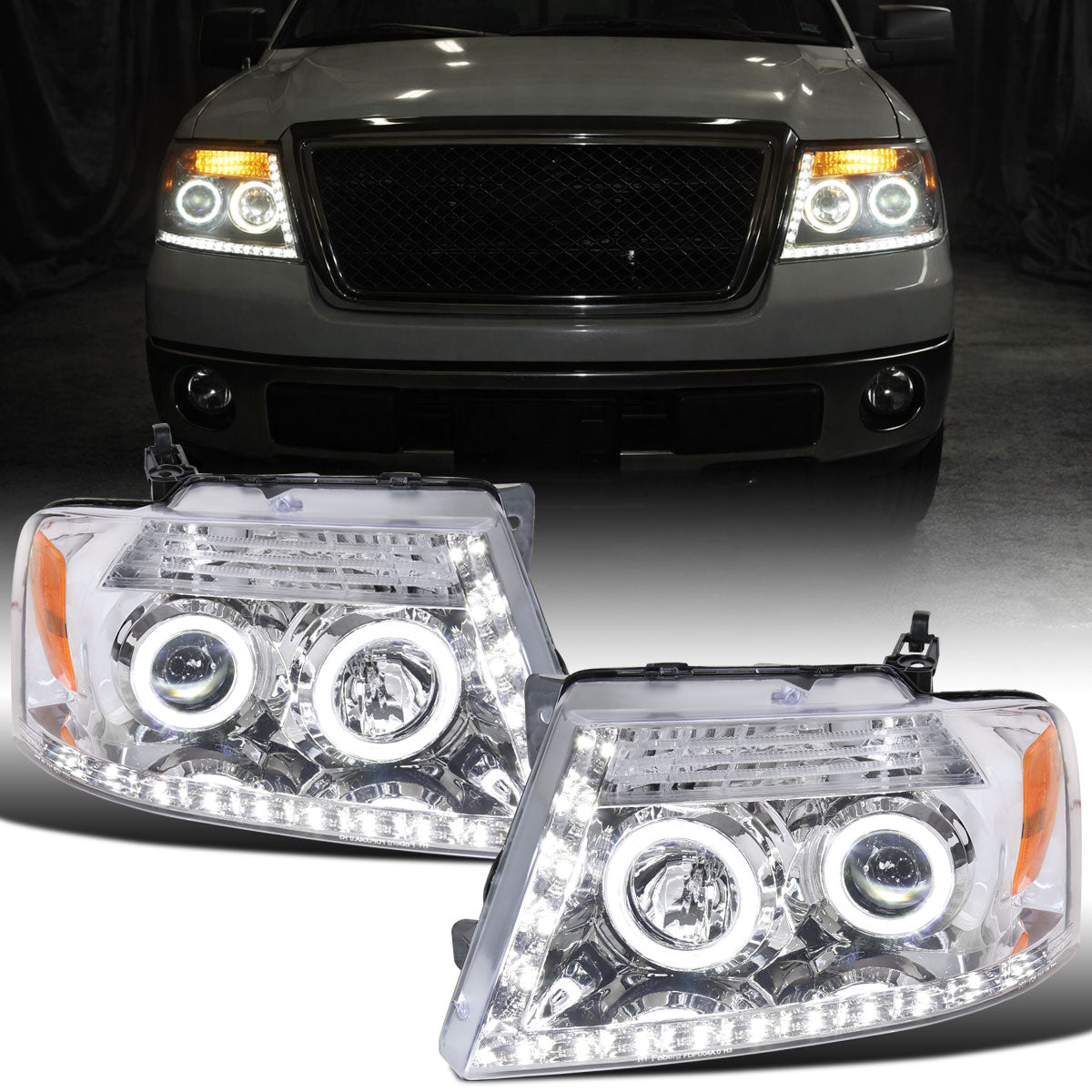 2004-2008 Ford F150 Lincoln Mark LT Pickup Truck LED Running Lights Upgrade Replacement Projector Headlights Assembly Pair | Chrome