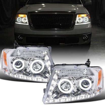 2004-2008 Ford F150 Lincoln Mark LT Pickup Truck LED Running Lights Upgrade Replacement Projector Headlights Assembly Pair | Chrome