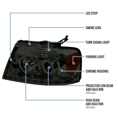 Ronnin - Compatible con Ford F150 2004-2008 Lincoln Mark LT Pickup Truck Luces diurnas LED Mejora de reemplazo Conjunto de faros delanteros tipo proyector Par | Ahumado