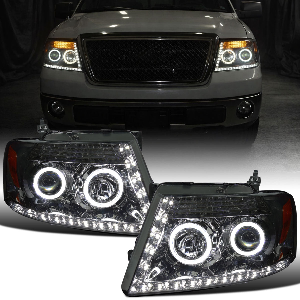 Ronnin - Compatible con Ford F150 2004-2008 Lincoln Mark LT Pickup Truck Luces diurnas LED Mejora de reemplazo Conjunto de faros delanteros tipo proyector Par | Ahumado