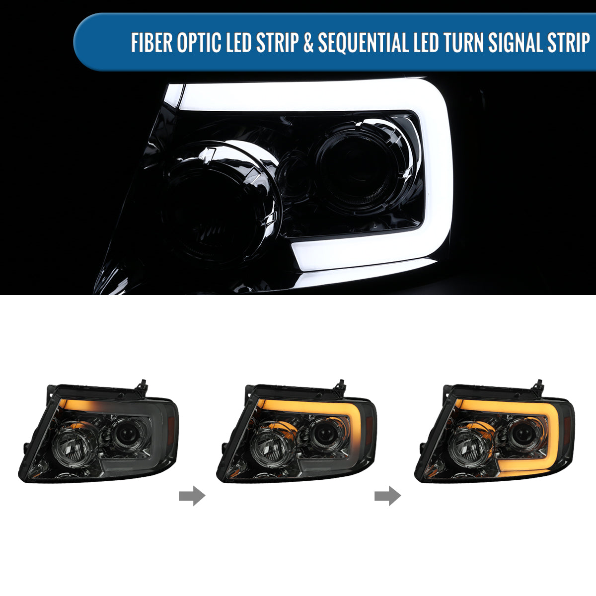 Ronnin - Fits 2004-2008 Ford F150 2006-2008 Lincoln Mark LT Upgraded LED Switchback Sequential Turn Signal Projector Headlights Assembly Pair | Smoke