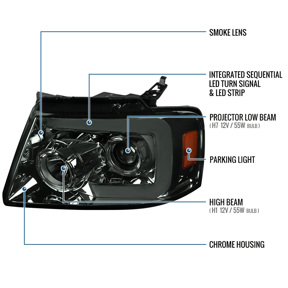 Ronnin - Fits 2004-2008 Ford F150 2006-2008 Lincoln Mark LT Upgraded LED Switchback Sequential Turn Signal Projector Headlights Assembly Pair | Smoke