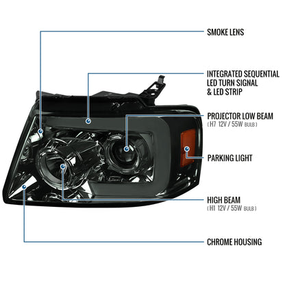 Ronnin - Fits 2004-2008 Ford F150 2006-2008 Lincoln Mark LT Upgraded LED Switchback Sequential Turn Signal Projector Headlights Assembly Pair | Smoke