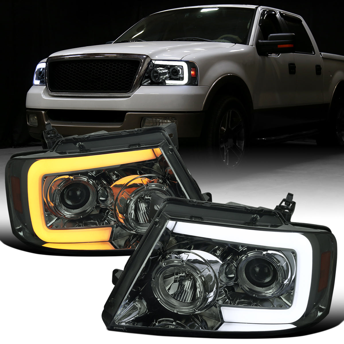 Ronnin - Fits 2004-2008 Ford F150 2006-2008 Lincoln Mark LT Upgraded LED Switchback Sequential Turn Signal Projector Headlights Assembly Pair | Smoke