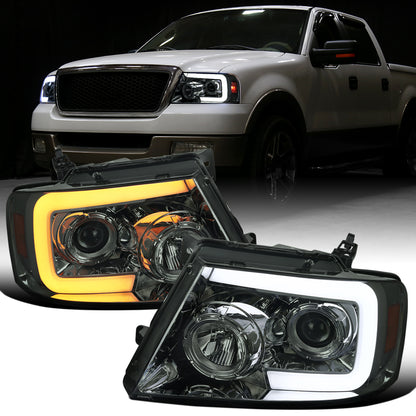 Ronnin - Fits 2004-2008 Ford F150 2006-2008 Lincoln Mark LT Upgraded LED Switchback Sequential Turn Signal Projector Headlights Assembly Pair | Smoke