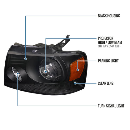 Ronnin - Fits 2004-2008 Ford F150 2006-2008 Lincoln Mark LT Projector Headlights Pair | Black