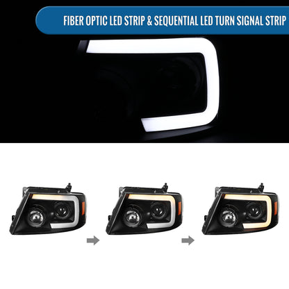 Ronnin - Fits 2004-2008 Ford F150 2006-2008 Lincoln Mark LT Upgraded LED Switchback Sequential Turn Signal Projector Headlights Assembly Pair | Black