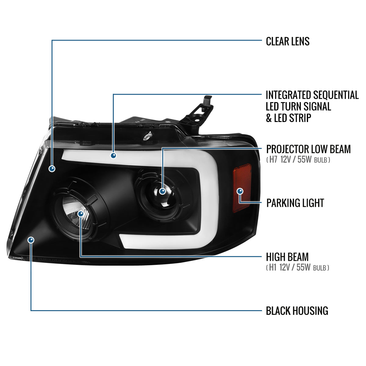 Ronnin - Fits 2004-2008 Ford F150 2006-2008 Lincoln Mark LT Upgraded LED Switchback Sequential Turn Signal Projector Headlights Assembly Pair | Black