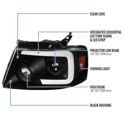 Ronnin - Fits 2004-2008 Ford F150 2006-2008 Lincoln Mark LT Upgraded LED Switchback Sequential Turn Signal Projector Headlights Assembly Pair | Black